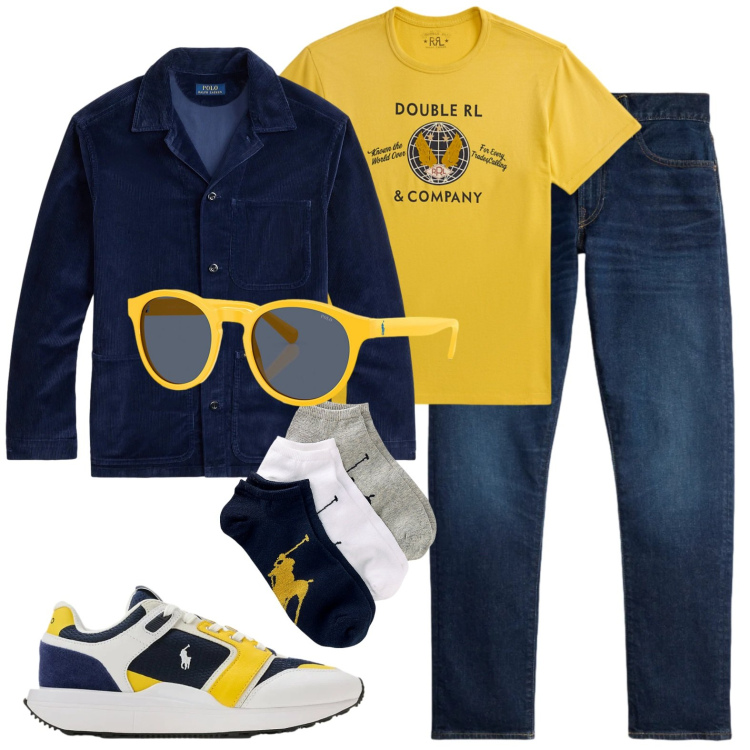 Outfit uomo - Abbigliamento da fine settimana. Stile Casual per Tutti i giorni. Abbinamento con calzini, occhiali da sole, giacche, jeans, sneakers, t-shirt.