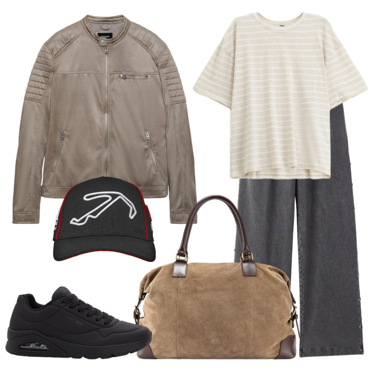 Outfit uomo - Relax. Stile Casual per Sport. Abbinamento con sneakers, t-shirt, cappelli con visiera, giacche, pantaloni sportivi, borse sportive.