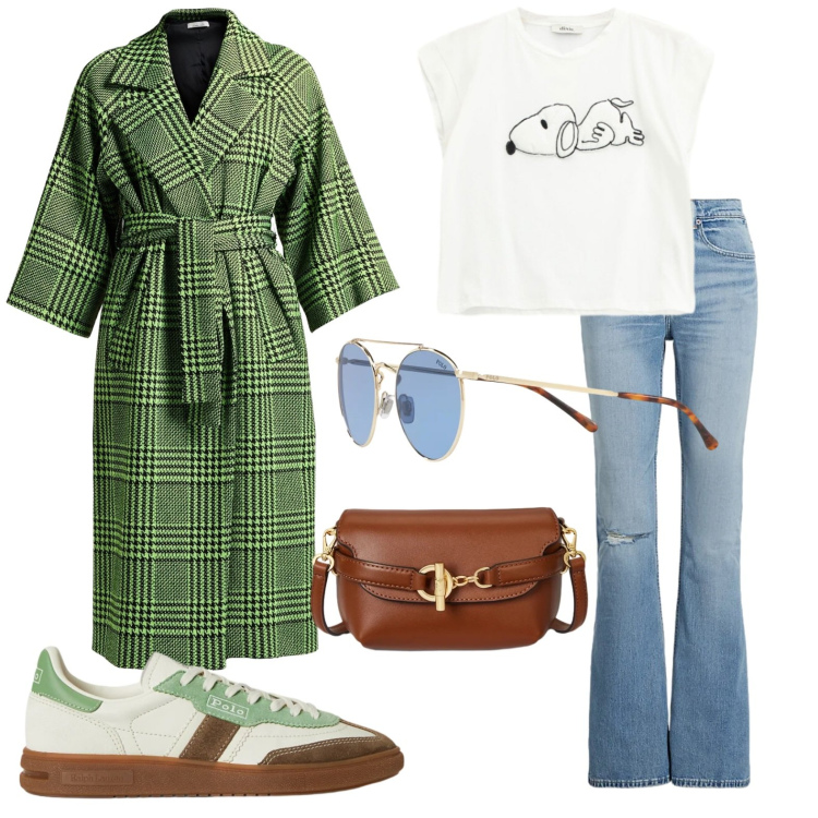 Outfit donna - Venerdì casual. Stile Casual chic per Tutti i giorni. Abbinamento con cappotti, t-shirt, sneakers, borse a tracolla, jeans, occhiali da sole.