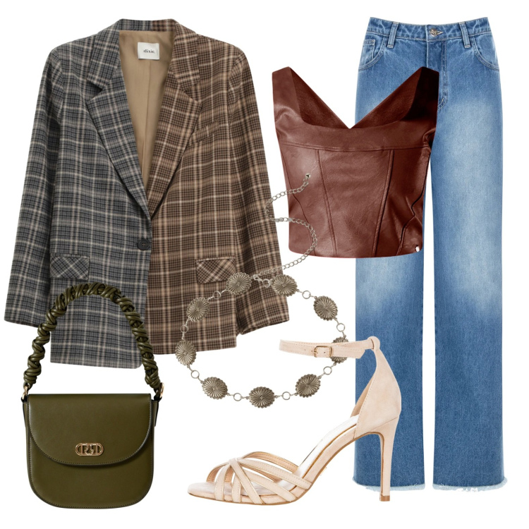 Outfit donna - Aperitivo del venerdì sera. Stile Casual chic per Serata fuori. Abbinamento con cinture, jeans dritti, sandali col tacco, top, borse a mano, blazer.