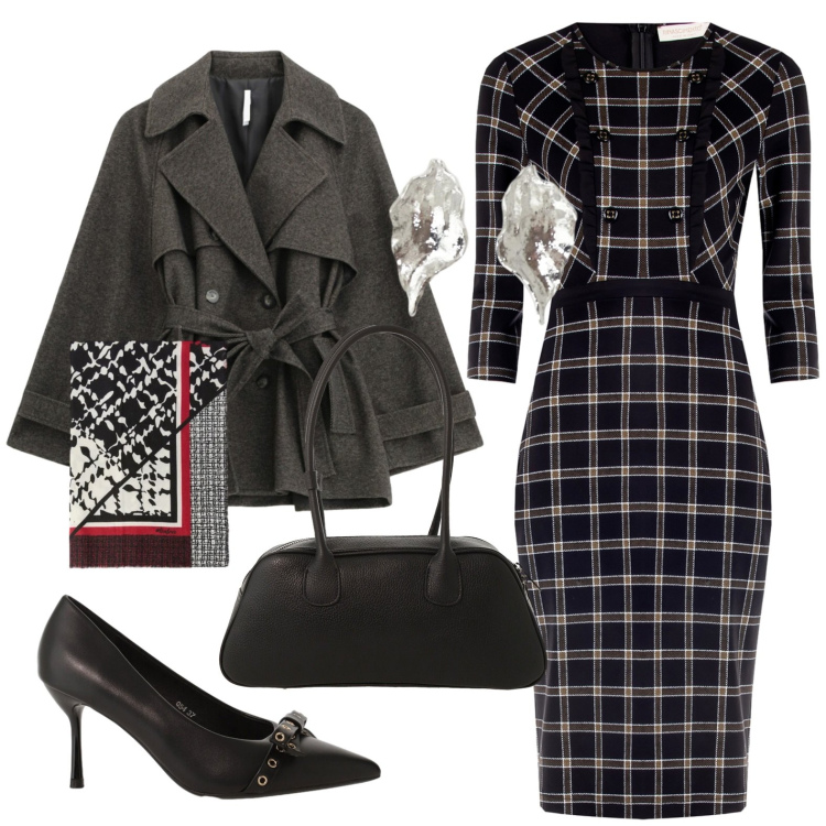 Outfit donna - Riunione di lavoro. Stile Chic per Ufficio. Abbinamento con décolleté, caban, sciarpe, orecchini, borse a mano, vestiti a tubino.
