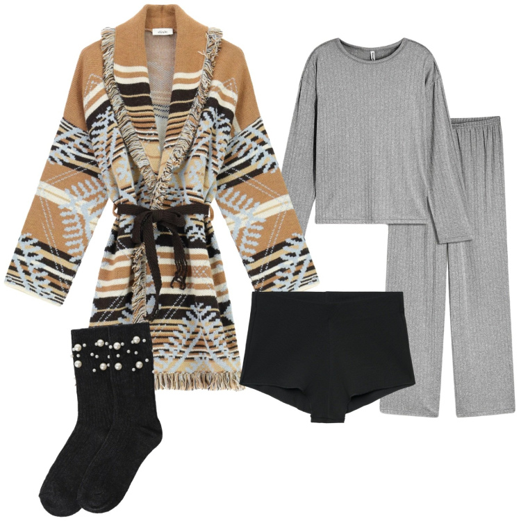 Outfit donna - Serata Netflix. Stile Casual per Tutti i giorni. Abbinamento con pigiama, culotte, cardigans, calzini.
