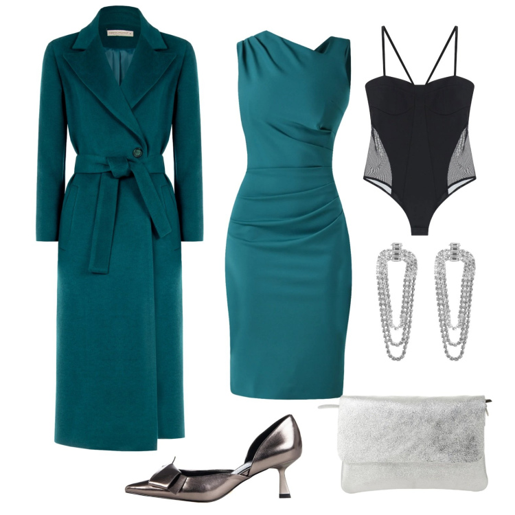 Outfit donna - Invito a cena in blu pavone. Stile Bon Ton per Serata fuori. Abbinamento con orecchini, body, borse a spalla, vestiti asimmetrici, cappotti, décolleté.