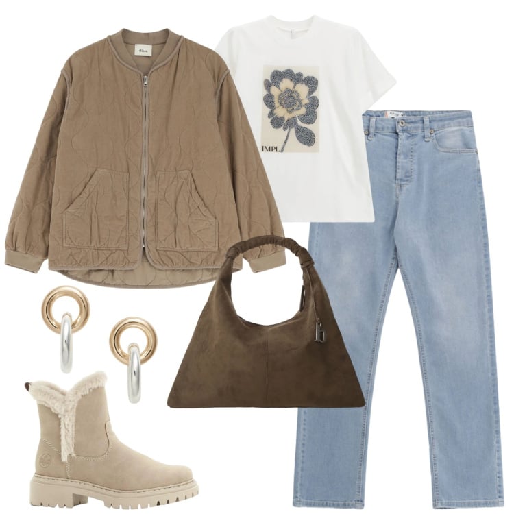 Outfit donna - Febbraio. Stile Casual chic per Tutti i giorni. Abbinamento con stivaletti, jeans, t-shirt, orecchini, cappotti, giacche.