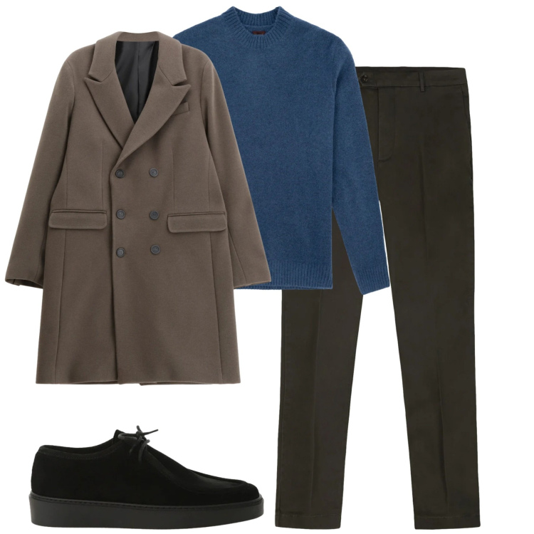 Outfit uomo - City. Stile Urban per Tutti i giorni. Abbinamento con cappotti, scarpe stringate, maglieria, pantaloni chino.