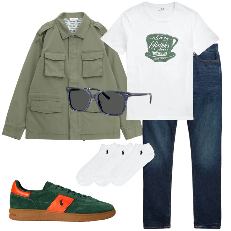 Outfit uomo - Direzione lago di Garda. Stile Casual per Tutti i giorni. Abbinamento con cappotti, calzini, t-shirt, occhiali da sole, jeans, sneakers.