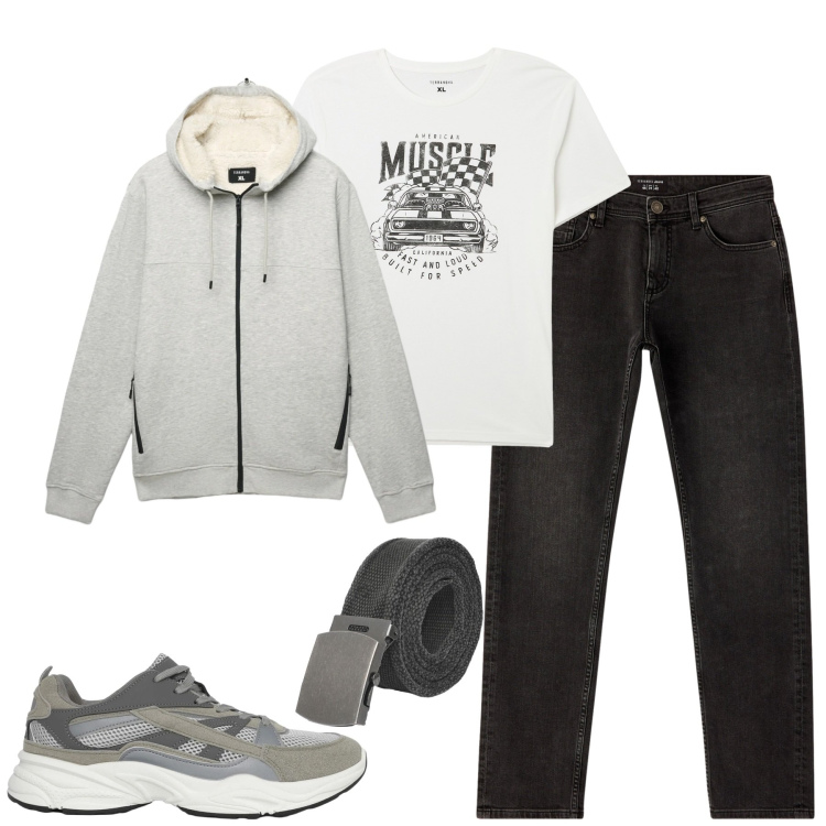 Outfit uomo - Febbraio. Stile Casual per Tutti i giorni. Abbinamento con t-shirt, jeans, sneakers, cinture, felpe con cappuccio.