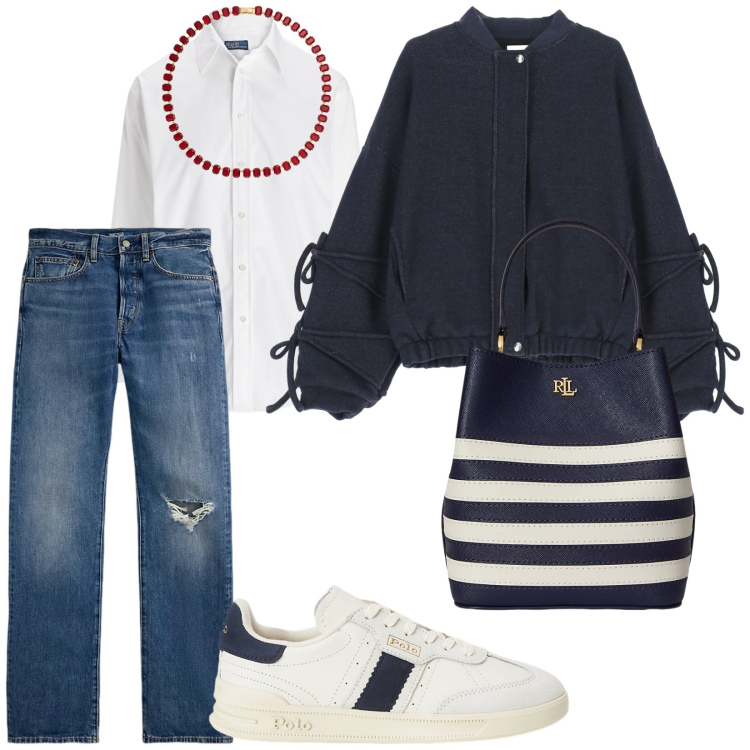 Outfit donna - Il classico di primavera. per Tutti i giorni. Abbinamento con bomber, camicie, sneakers, jeans dritti, borse a secchiello, collane.