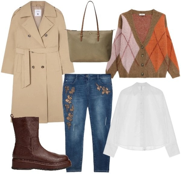 Outfit donna - sole o pioggia. Stile Casual per Tutti i giorni. Abbinamento con stivaletti, jeans skinny, trench, camicie, borse tote, cardigans.