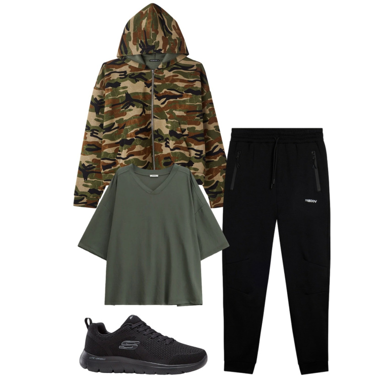 Outfit uomo - Total look #2342345. Stile Urban per Sport. Abbinamento con sneakers, t-shirt, felpe con cappuccio, pantaloni.
