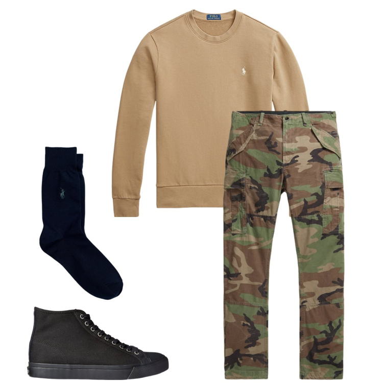 Outfit uomo - Total look #2342346. Stile Casual per Sport. Abbinamento con sneakers, calzini, felpe, pantaloni cargo.