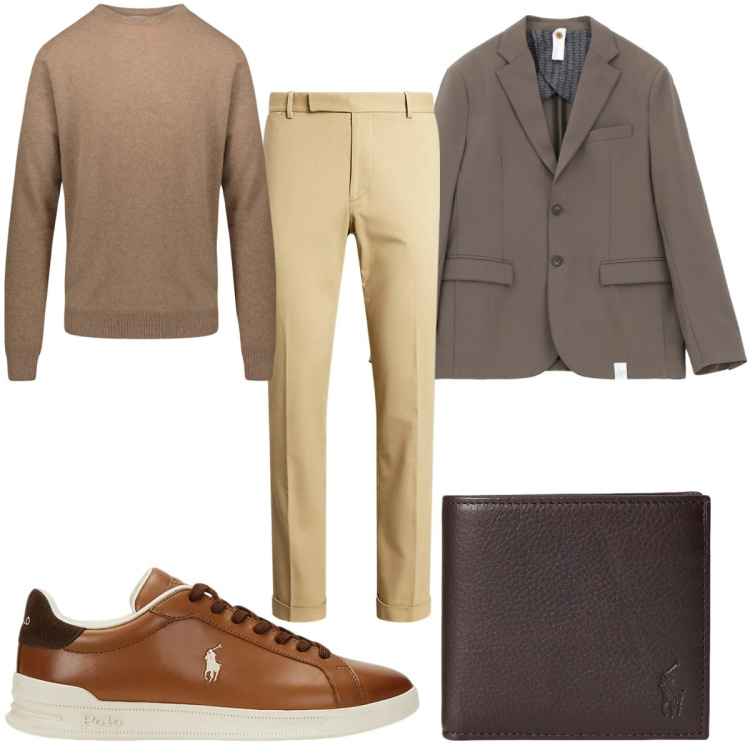 Outfit uomo - Il fascino del total look: marrone. Stile Casual per Ufficio. Abbinamento con giacche, portafogli, pantaloni chino, sneakers, maglieria.