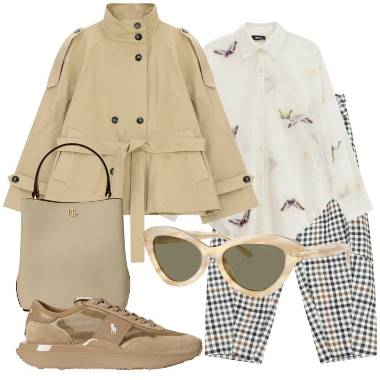 Outfit donna - Trench corto, farfalle e quadretti. Stile Casual chic per Tutti i giorni. Abbinamento con trench, pantaloni a palazzo, camicie, sneakers, occhiali da sole, borse a secchiello.