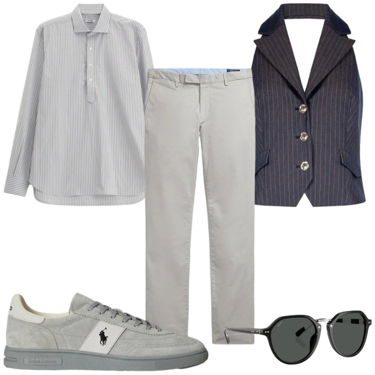 Outfit uomo - Il fascino dei total look : il grigio. Stile Casual per Tutti i giorni. Abbinamento con camicie, gilet, occhiali da sole, pantaloni, sneakers.