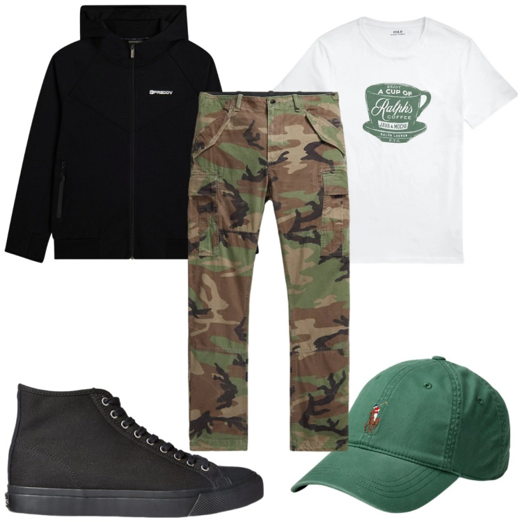 Outfit uomo - Stile metropolitano : military. Stile Trendy per Tutti i giorni. Abbinamento con felpe con cappuccio, sneakers, t-shirt, pantaloni cargo, cappelli.