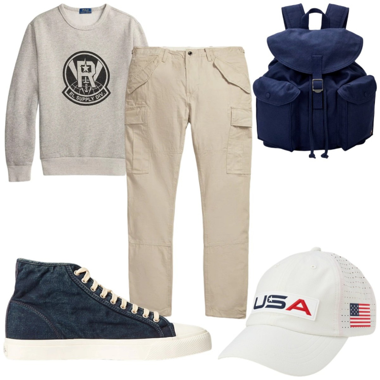 Outfit uomo - Stile metropolitano : urban. Stile Urban per Tutti i giorni. Abbinamento con sneakers, borse sportive, felpe, pantaloni cargo, cappelli con visiera.