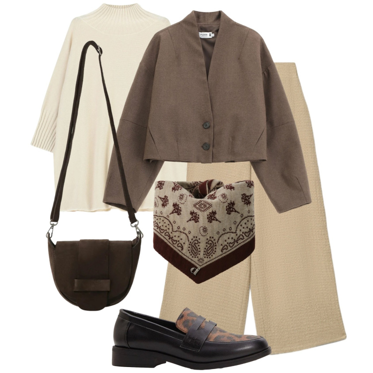 Outfit donna - Con la bandana. Stile Casual per Tutti i giorni. Abbinamento con mocassini, pantaloni a palazzo, maglieria, foulard, borse a tracolla, blazer.