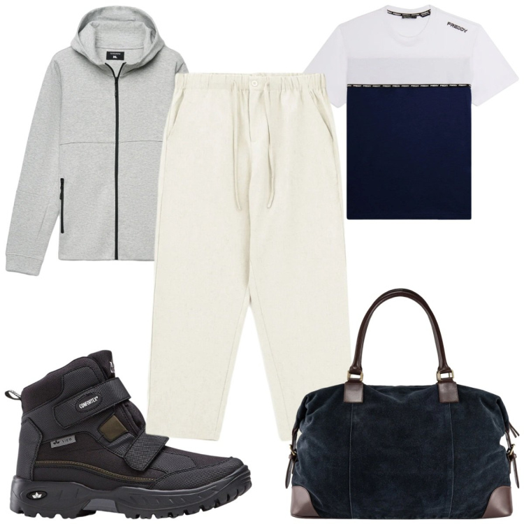 Outfit uomo - Total look #2342372. Stile Trendy per Sport. Abbinamento con stivali e stivaletti, pantaloni, felpe con cappuccio, t-shirt, borse sportive.