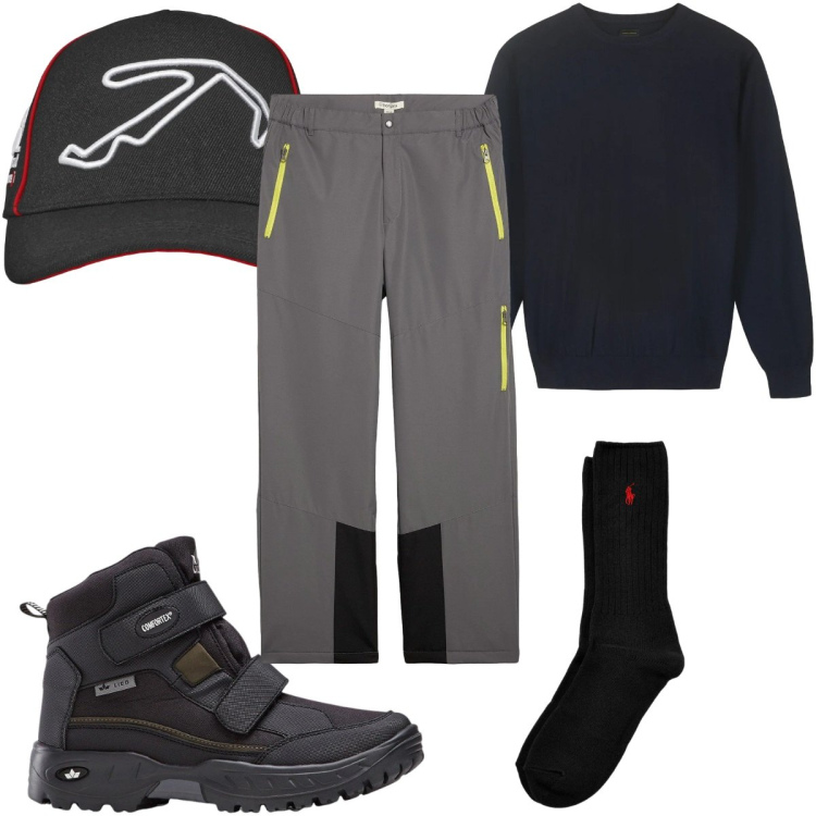 Outfit uomo - Total look #2342373. Stile Casual per Tutti i giorni. Abbinamento con stivali e stivaletti, pantaloni, cappelli con visiera, calzini, maglieria.