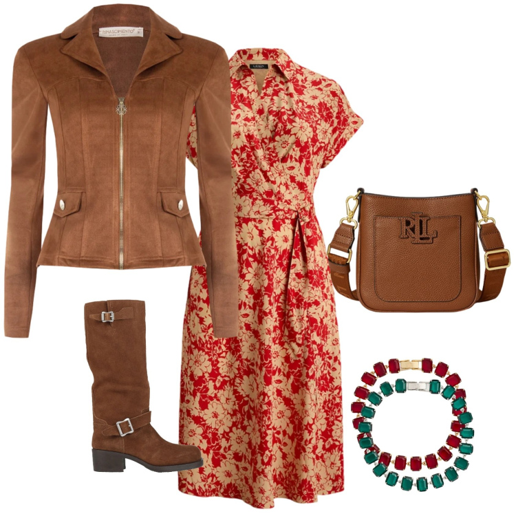 Outfit donna - Festa sull\'erba. Stile Casual per Tutti i giorni. Abbinamento con stivali, giacche, vestiti chemisier, borse a tracolla, braccialetti, braccialetti.