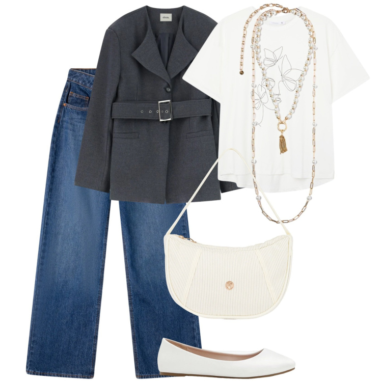 Outfit donna - Blazer blu e jeans cinque tasche. Stile Casual chic per Tutti i giorni. Abbinamento con ballerine, jeans, t-shirt, collane, cappotti, borse a mano.