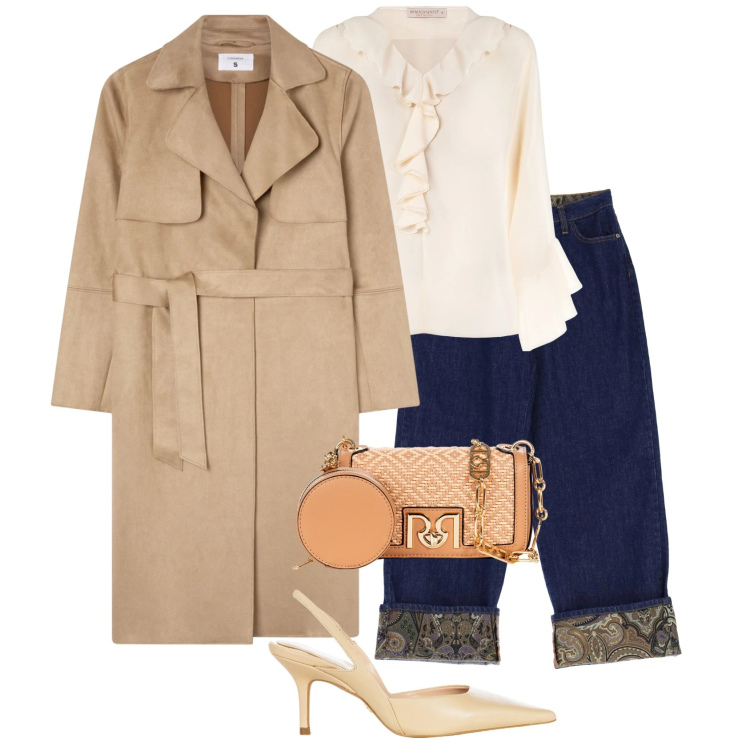 Outfit donna - Il jeans con risvolto paisley. Stile Chic per Tutti i giorni. Abbinamento con trench, jeans, bluse, décolleté, borse a tracolla.