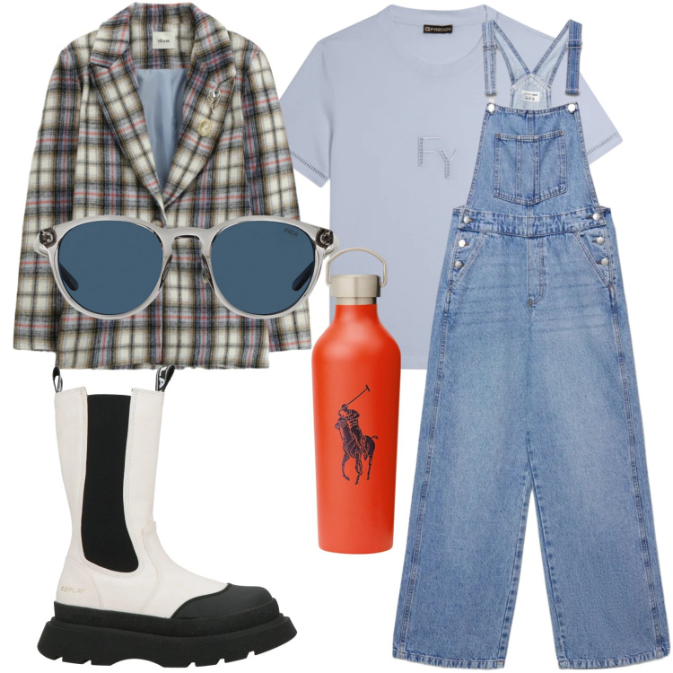 Outfit donna - Salopette di jeans. Stile Casual per Scuola/Università. Abbinamento con stivaletti, salopette, blazer, t-shirt, occhiali da sole, bluse.