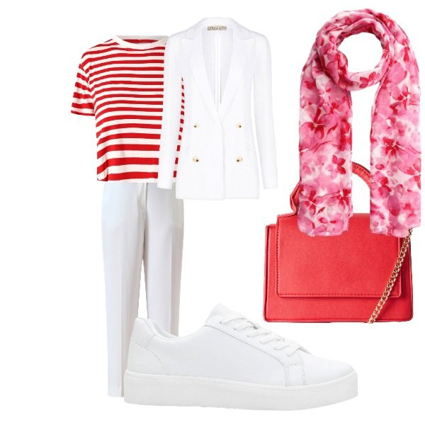 Outfit donna - il completo per il giorno. Stile Casual chic per Ufficio. Abbinamento con sneakers, borse a tracolla, foulard, blazer, t-shirt, pantaloni.