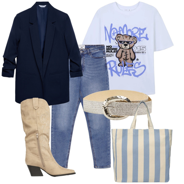 Outfit donna - Un po\' boho, un po\' street. Stile Casual per Tutti i giorni. Abbinamento con t-shirt, blazer, shopping bag, cinture, stivali, jeans skinny.