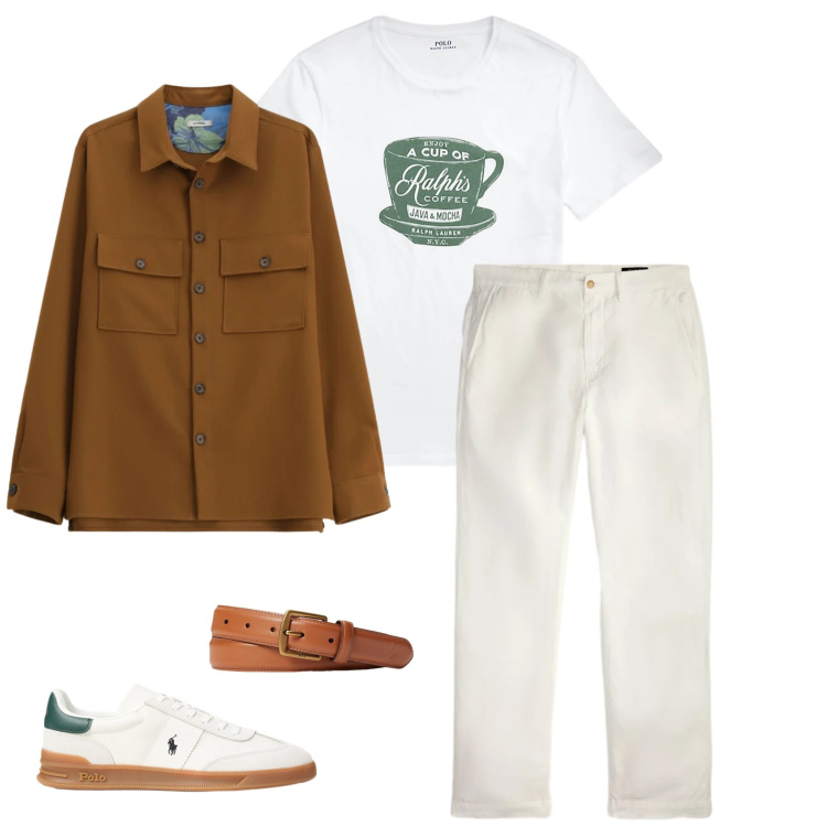 Outfit uomo - Coffee Break. Stile Urban per Tutti i giorni. Abbinamento con camicie, cinture, t-shirt, pantaloni, sneakers.