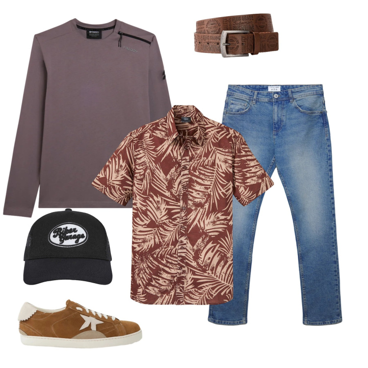 Outfit uomo - Desert Wanderer. Stile Urban per Tutti i giorni. Abbinamento con cinture, camicie a manica corta, sneakers, cappelli, jeans dritti, t-shirt.