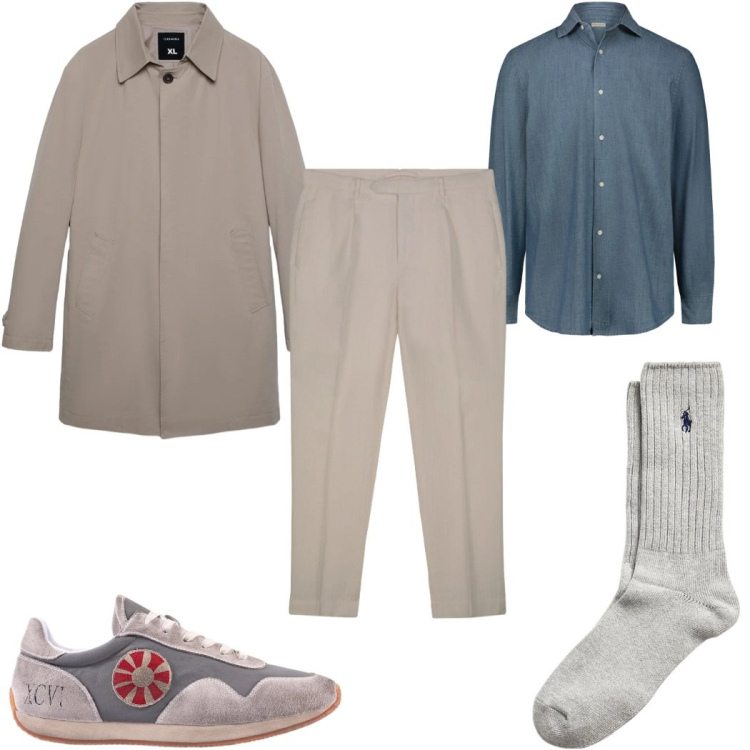 Outfit uomo - Total look #2342394. Stile Casual per Tutti i giorni. Abbinamento con trench, calzini, camicie, sneakers, pantaloni.