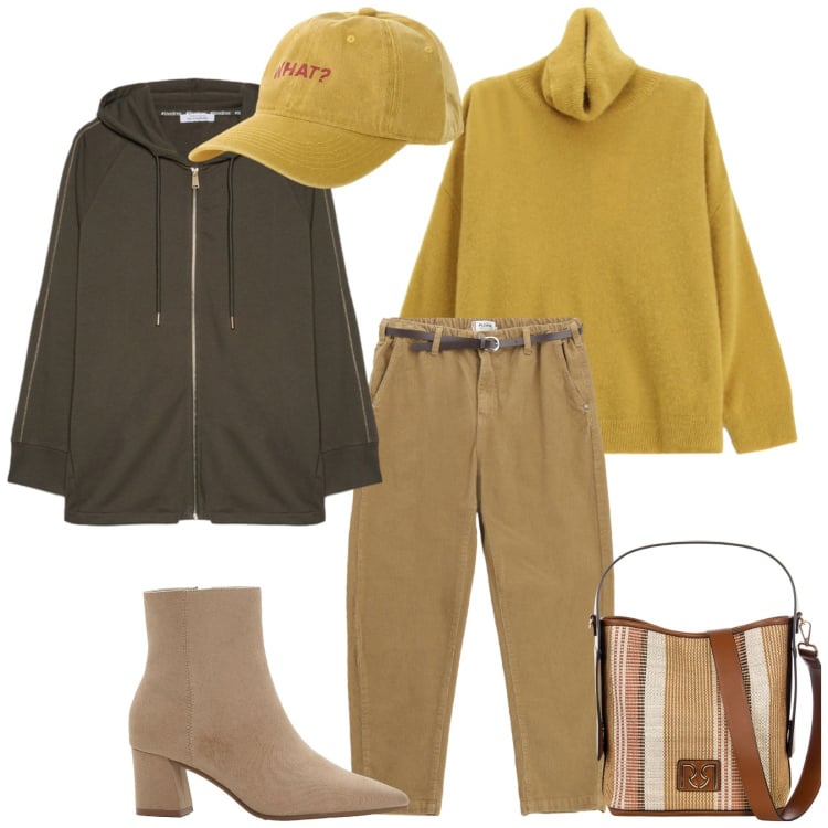 Outfit donna - Total look #2342402. Stile Casual chic per Tutti i giorni. Abbinamento con stivaletti, maglieria, felpe con cappuccio, cappelli con visiera, pantaloni chino, borse a secchiello.