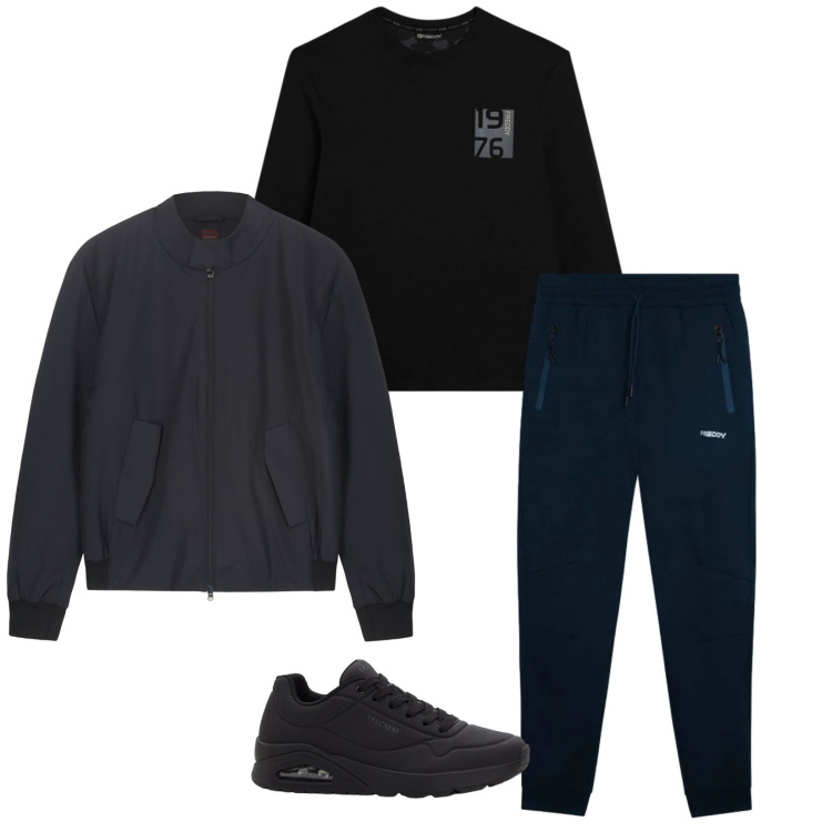 Outfit uomo - Total look #2342404. Stile Casual per Sport. Abbinamento con sneakers, pantaloni, t-shirt, bomber.