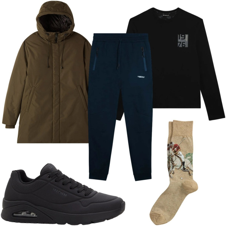 Outfit uomo - Total look #2342409. Stile Casual per Tutti i giorni. Abbinamento con sneakers, parka, pantaloni, t-shirt, calzini.