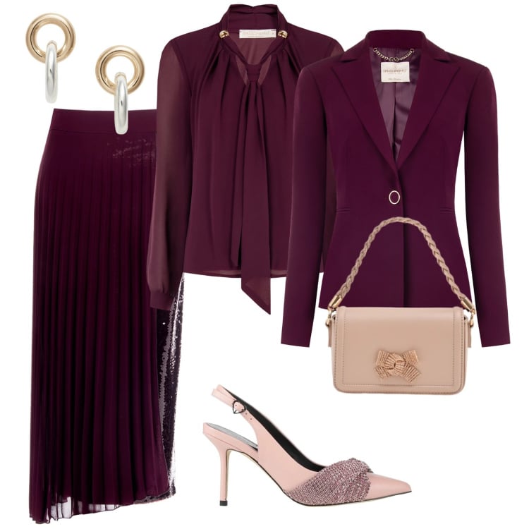 Outfit donna - Invito ad un matrimonio a Febbraio. Stile Chic per Cerimonia. Abbinamento con décolleté, pochette, gonne longuette, blazer, bluse, orecchini.