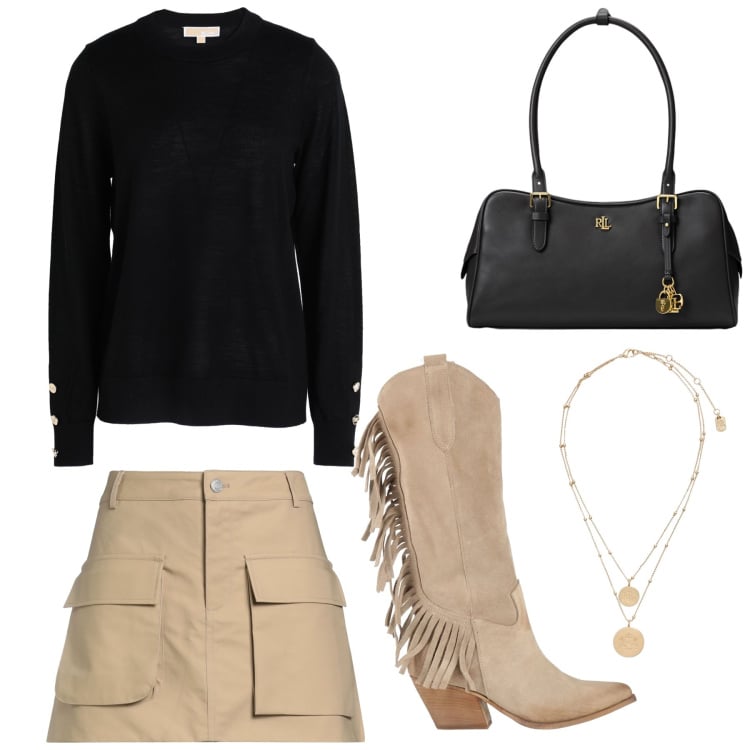 Outfit donna - Total look #2342413. Stile Trendy per Serata fuori. Abbinamento con pullovers, stivali, minigonne, ciondoli, borse a mano.