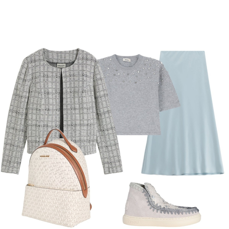 Outfit donna - Tenue celeste per il mese di febbraio. Stile Casual chic per Tutti i giorni. Abbinamento con stivaletti, zaini, cardigans, gonne lunghe, maglieria.