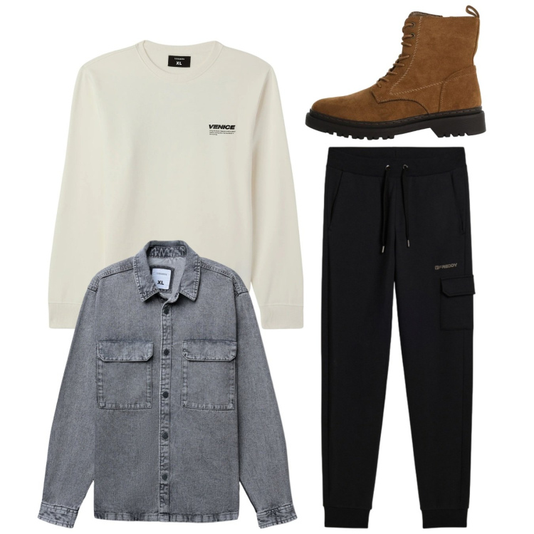 Outfit uomo - Total look. Stile Casual per Tutti i giorni. Abbinamento con anfibi, felpe, cappotti, pantaloni cargo.