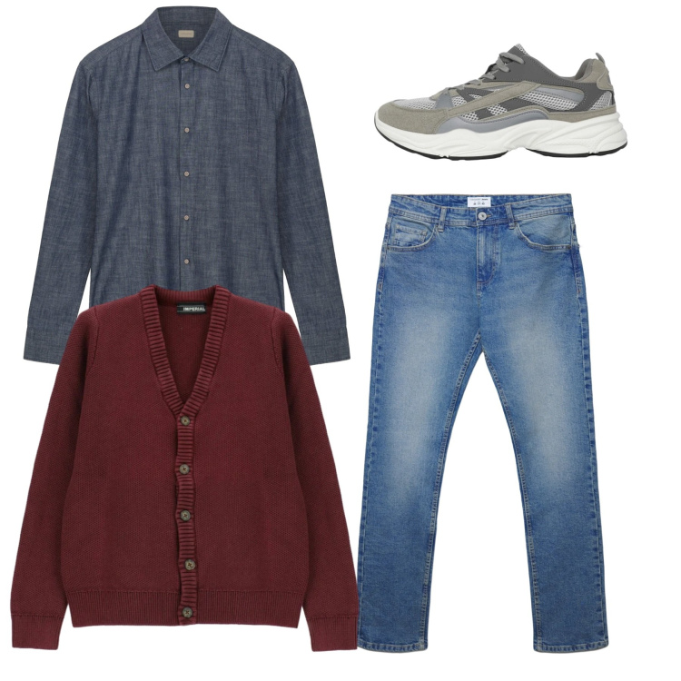 Outfit uomo - Total look. Stile Casual per Tutti i giorni. Abbinamento con sneakers, jeans dritti, cardigans, camicie.