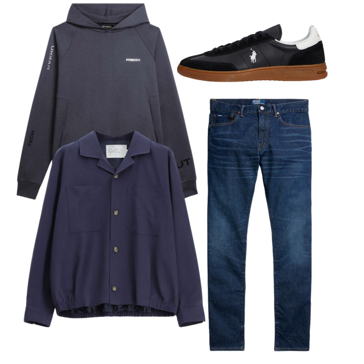 Outfit uomo - Total look. Stile Casual per Tutti i giorni. Abbinamento con cappotti, felpe con cappuccio, sneakers, jeans.