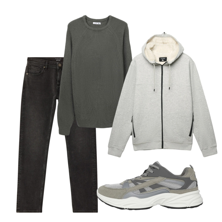 Outfit uomo - Febbraio. Stile Casual per Tutti i giorni. Abbinamento con sneakers, maglieria, jeans, felpe con cappuccio.