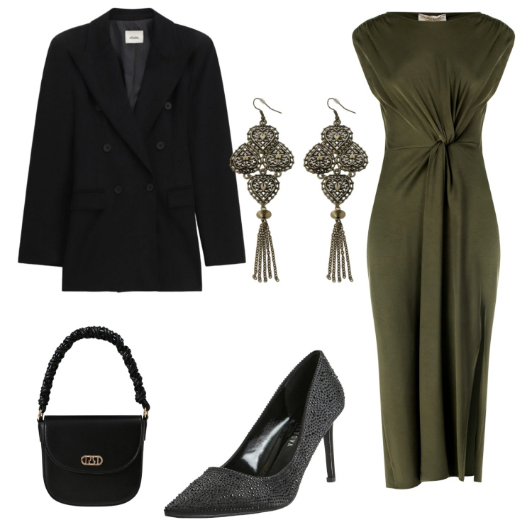 Outfit donna - Cerimonia a budget contenuto. Stile Chic per Cerimonia. Abbinamento con décolleté, blazer, orecchini, vestiti midi/longuette, borse a mano.