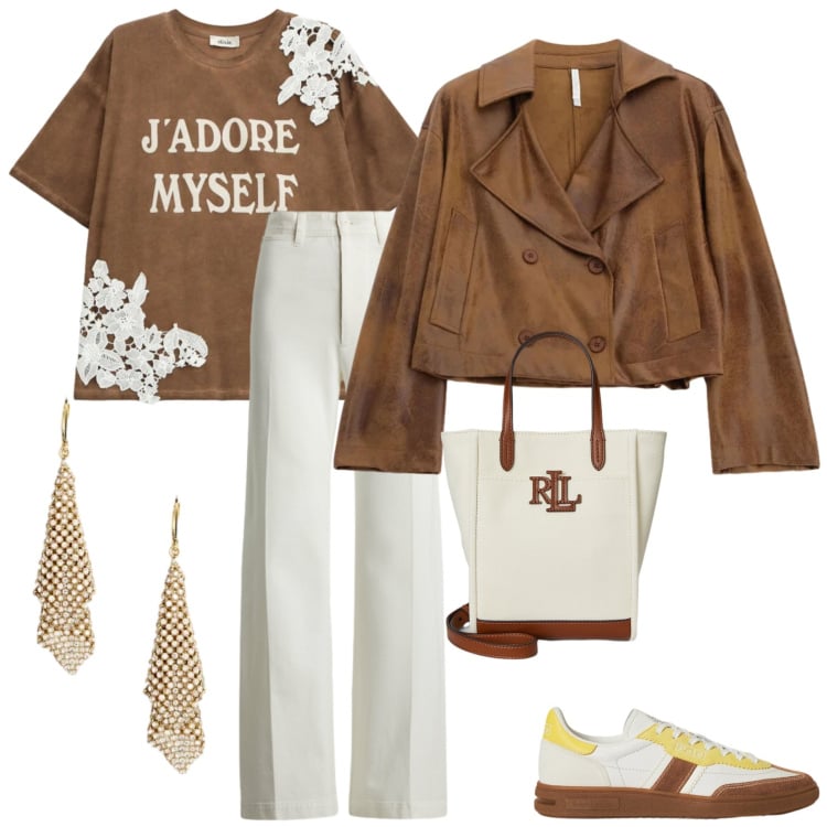 Outfit donna - Un tocco di luce d\'inverno. Stile Casual chic per Tutti i giorni. Abbinamento con giacche, t-shirt, sneakers, borse tote, pantaloni, orecchini.