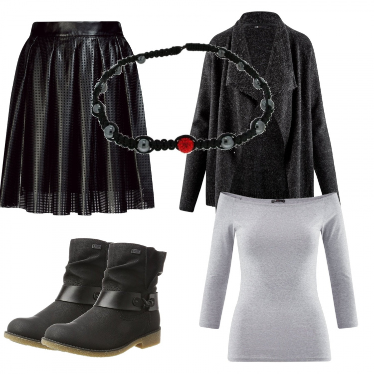 Outfit donna - Elegant Biker. Stile Rock per Tutti i giorni. look ideale per Tall. Abbinamento con maglia con spalle scoperte aderente grigio, gonna a ruota vita alta in pelle sintetica con pieghe nero, cardigan oversize scollo a cascata in in maglia aderente nero, stivali nero, collana.
