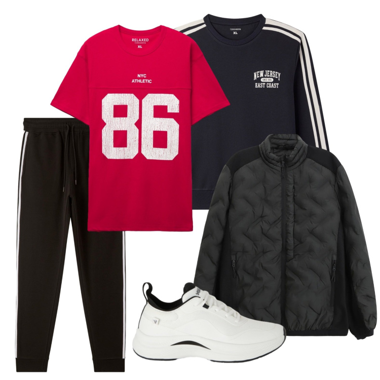 Outfit uomo - Perfetto per studiare. Stile Casual per Tutti i giorni. Abbinamento con giacche, felpe sportive, t-shirt sportive, pantaloni sportivi, sneakers.