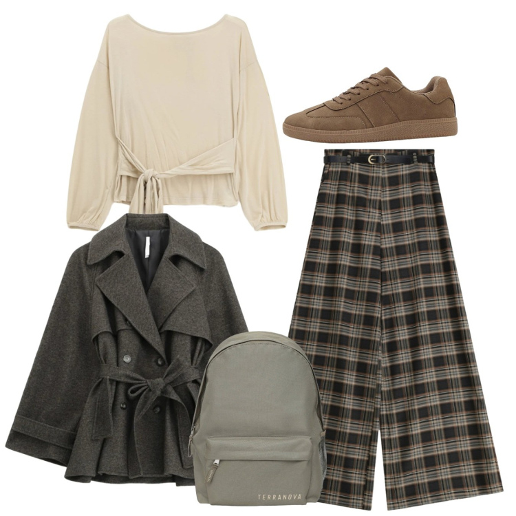 Outfit donna - Fango a quadri. Stile Bon Ton per Tutti i giorni. Abbinamento con sneakers, zaini, caban, pantaloni a palazzo, top.