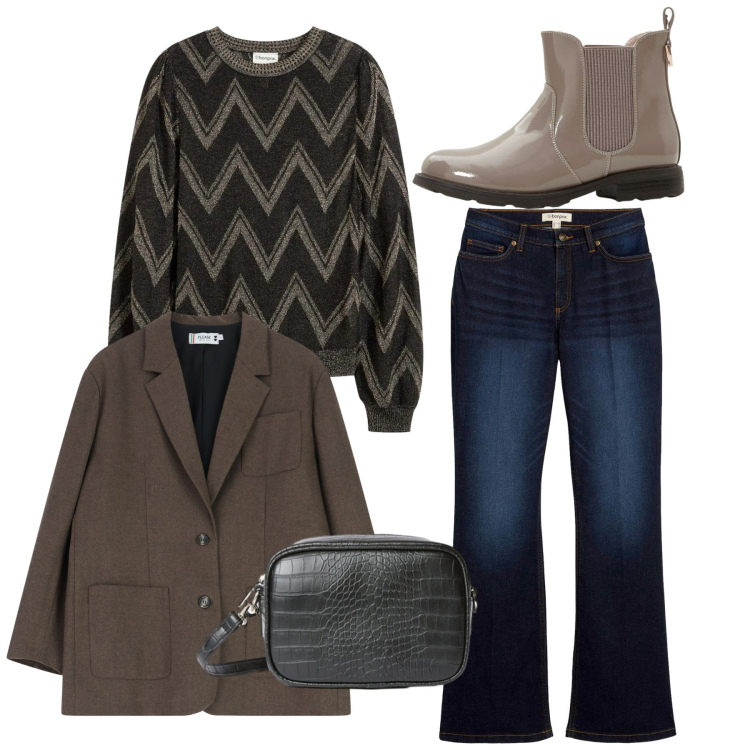 Outfit donna - Chevron city. Stile Bon Ton per Tutti i giorni. Abbinamento con maglieria, jeans bootcut, stivaletti chelsea, borse a tracolla, blazer.