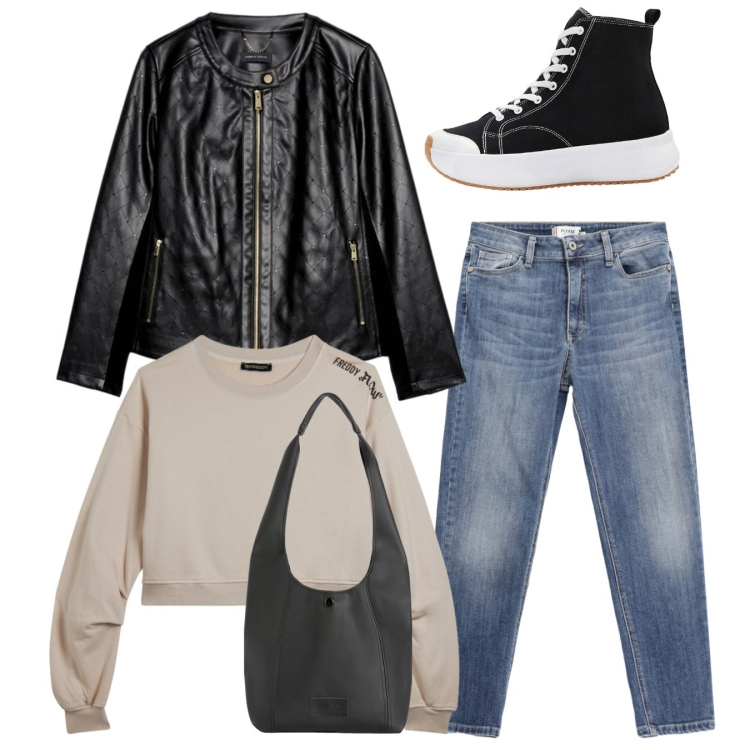 Outfit donna - Total look. Stile Casual per Tutti i giorni. Abbinamento con sneakers alte, giacche, borse a spalla, felpe, jeans skinny.