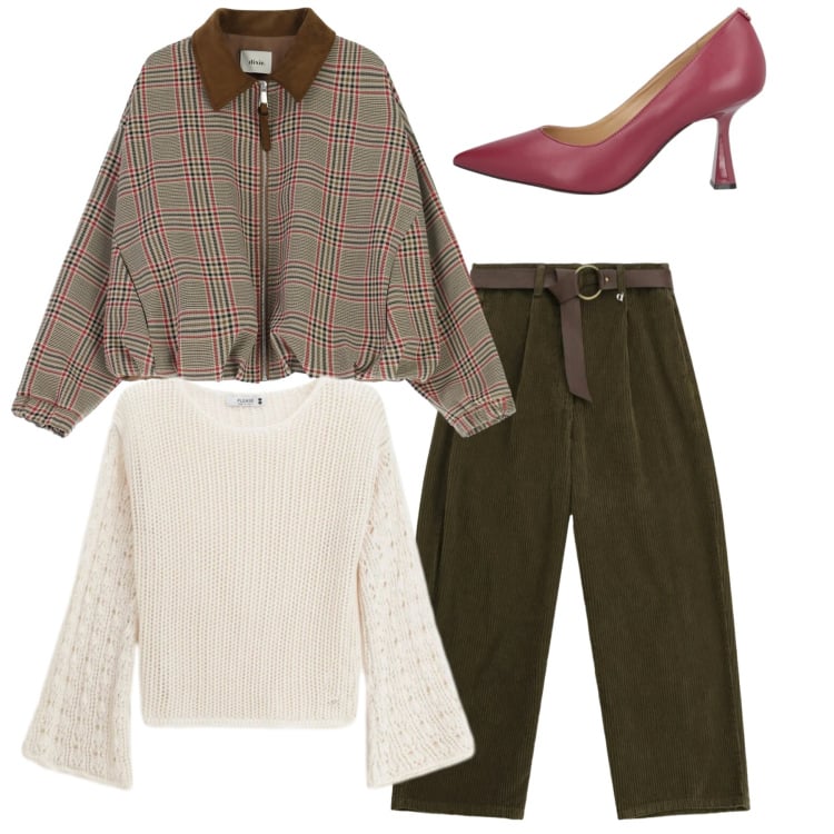 Outfit donna - Total look con tacco. Stile Casual chic per Ufficio. Abbinamento con décolleté, maglieria, bomber, pantaloni a palazzo.